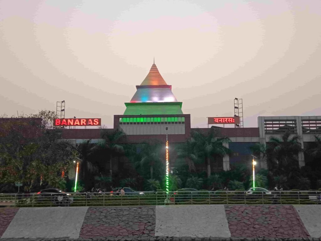 Beautiful night view of Banaras Railway Station with golden lights