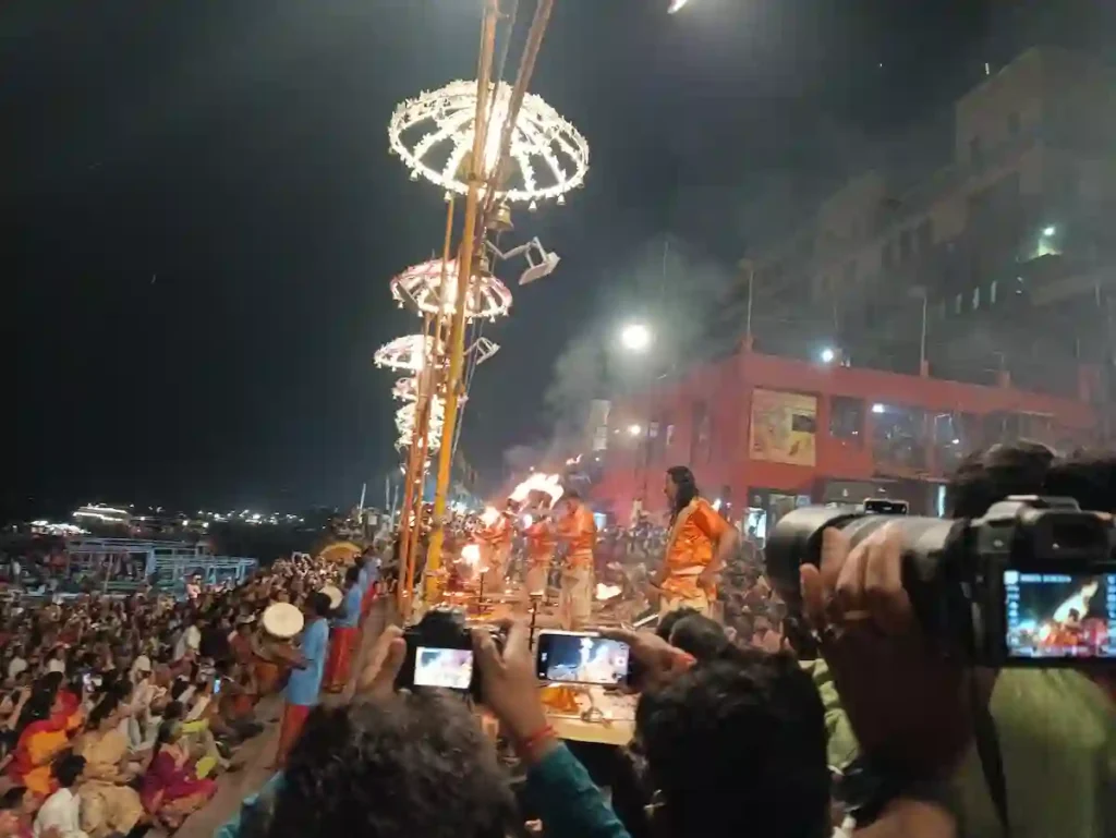 Nighttime Ganga Aarti ceremony in Varanasi