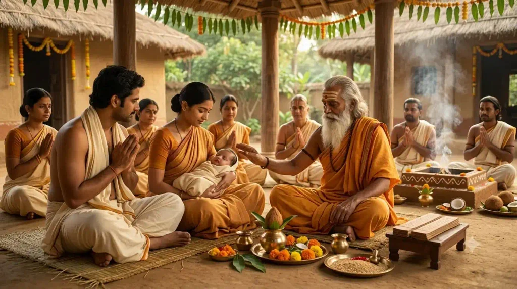 Baby Naming Ceremony (Namkaran Sanskar): Complete Vedic Vidhi, Muhurat & Samagri Guide 1 Ancient Vedic Baby Naming Ceremony Namkaran Sanskar with a Rishi