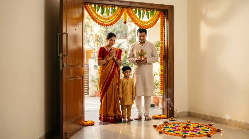 An Indian couple with their child standing at the decorated entrance of their new home, learning how to perform griha pravesh ceremony with traditional kalash and namaste pose.