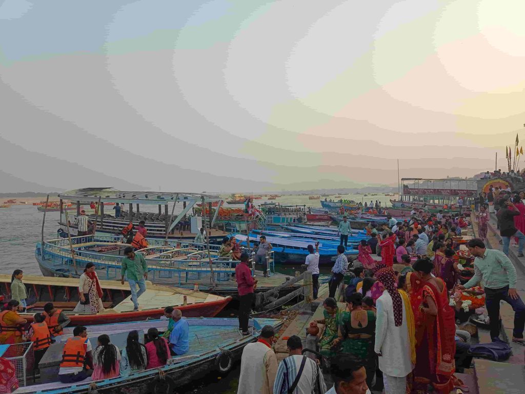 Varanasi Ganga Aarti with boats along the Ganges