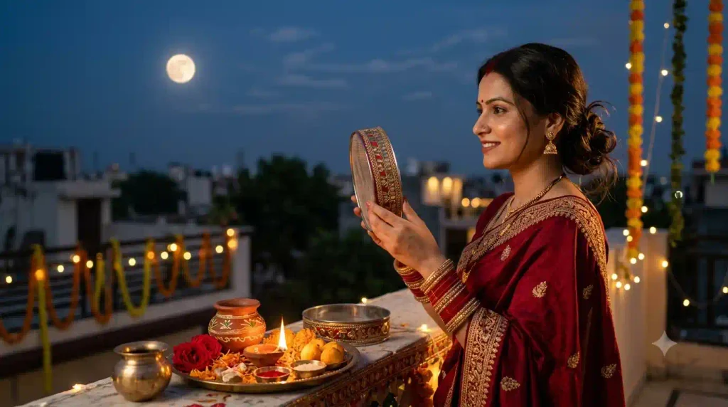 Karwa Chauth 2026: Puja Muhurat, Moonrise Timings, Sargi, and Complete Rituals Guide 1 Karwa Chauth 2026: Woman looking at the moon through a sieve during rituals